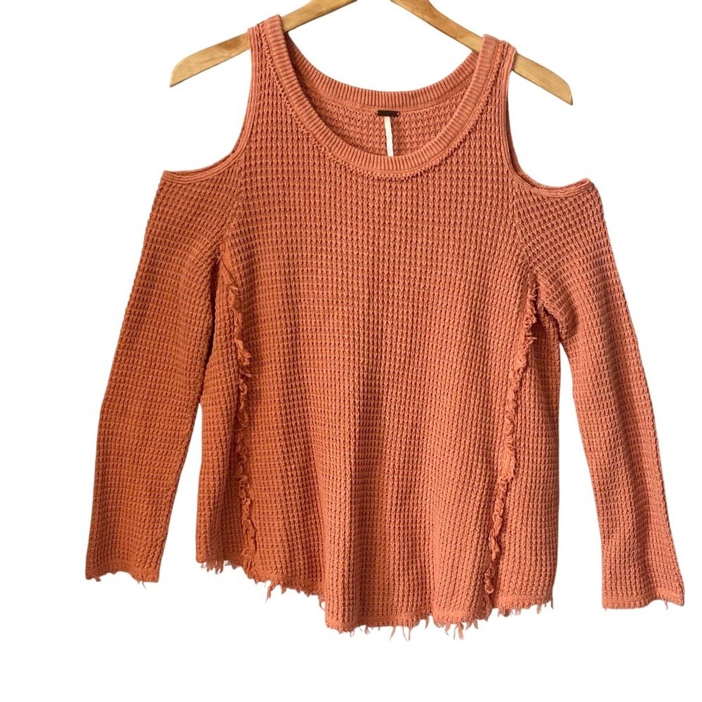 Free People Women Sm Boho Cold Shoulder Fringe Cotton Knit Sweater Festival
